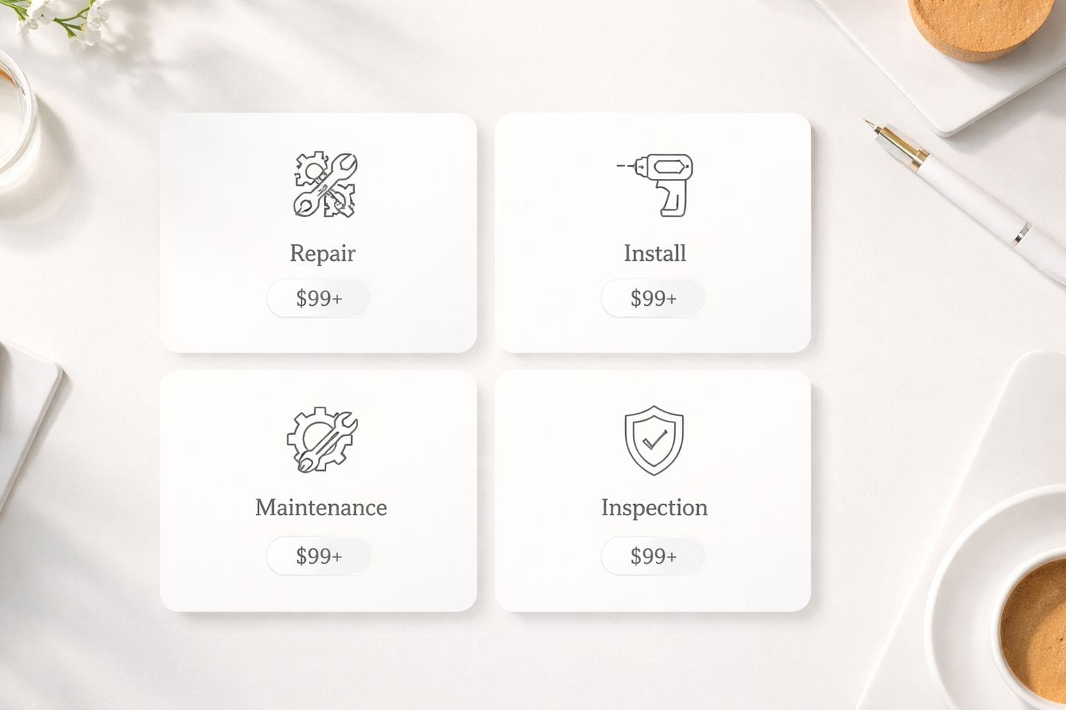 A clean, modern service menu card for home businesses featuring icons for repair, installation, maintenance, and inspection services.