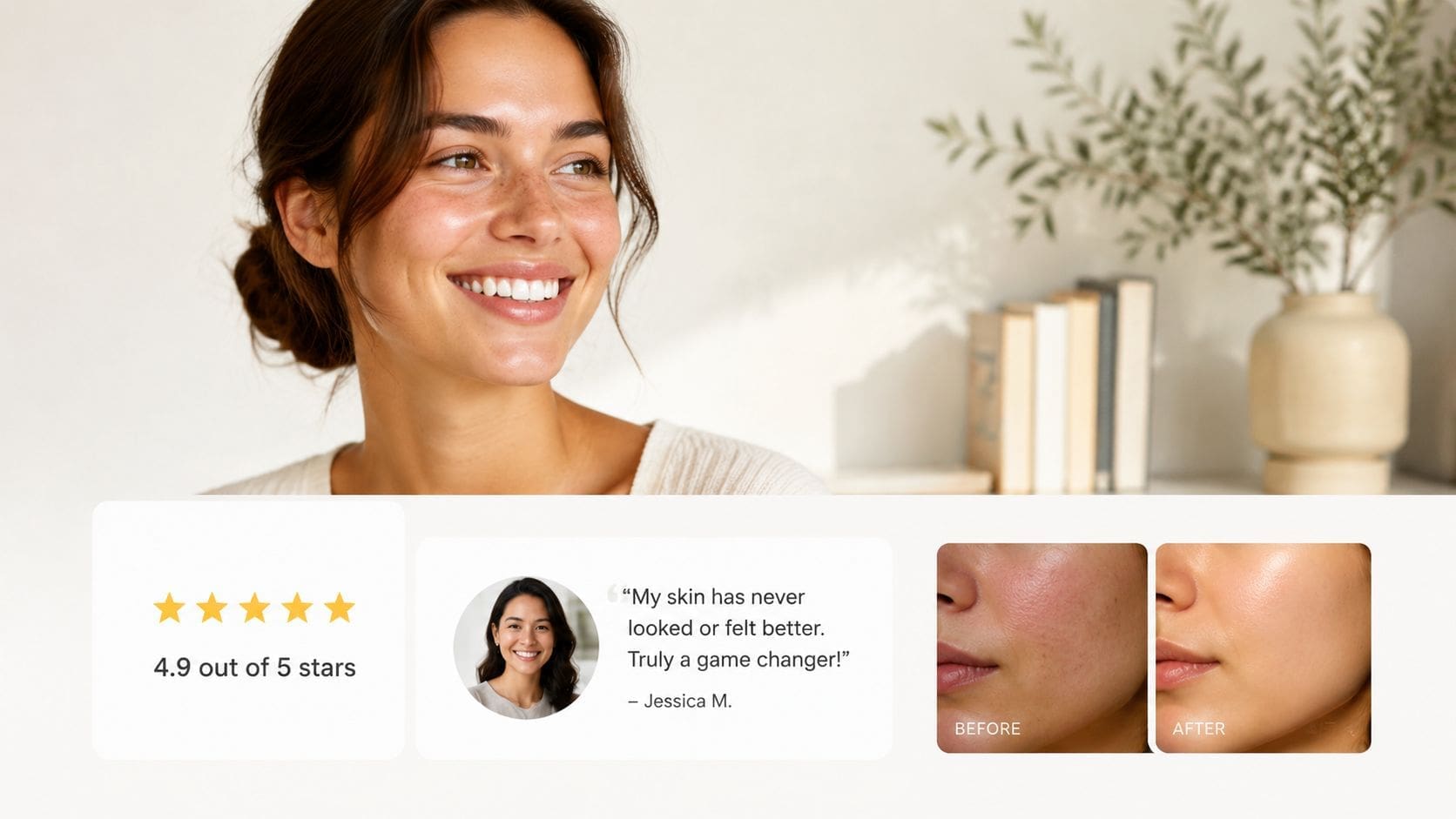 A woman smiling next to a skin transformation before and after comparison image with a positive review.