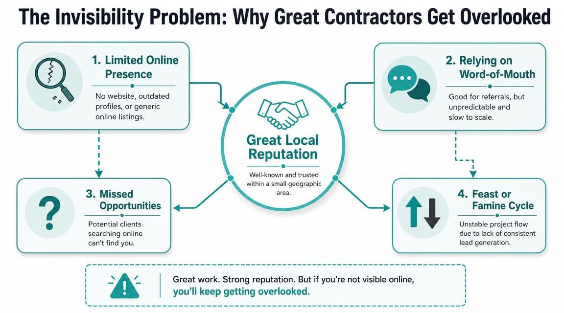 A flowchart explaining why contractors with good reputations struggle with limited online visibility and inconsistent lead flow.