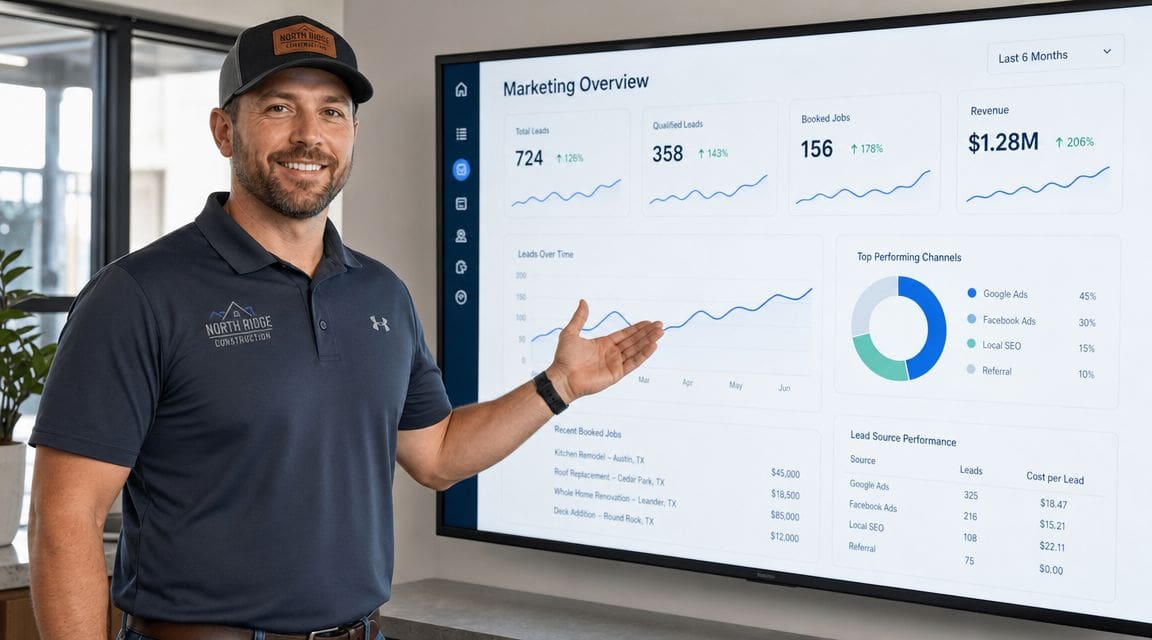 A construction company owner presenting a digital marketing performance dashboard on a large display screen.