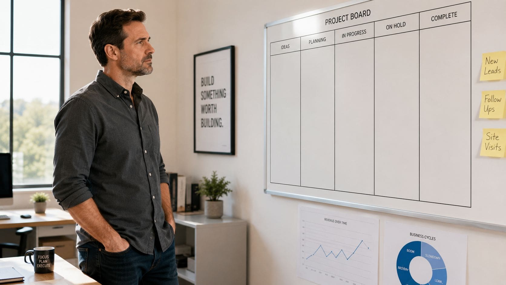 A professional man standing in an office looking thoughtfully at an empty project management board.