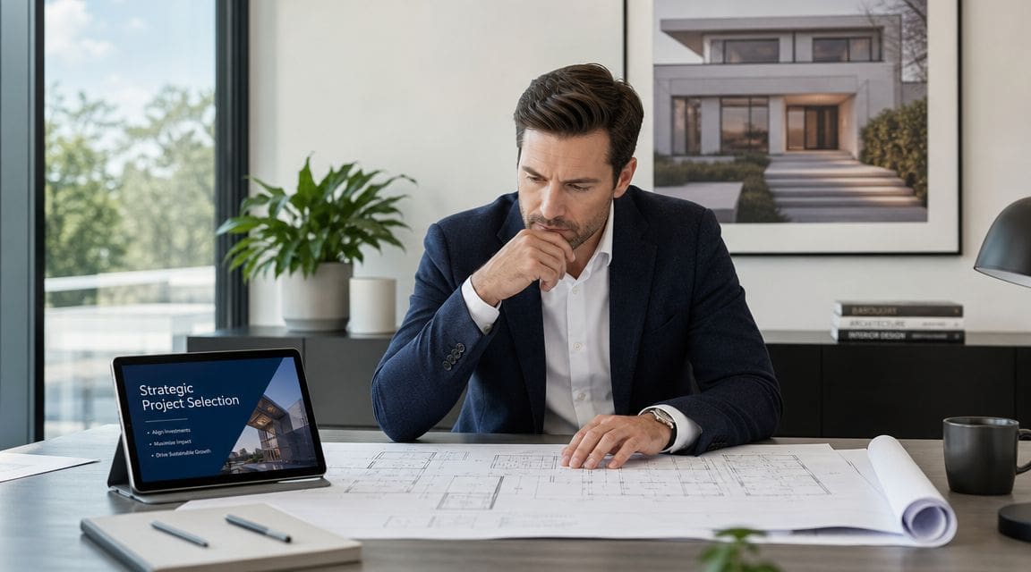 A professional architect analyzing building blueprints while looking at a presentation on a digital tablet.