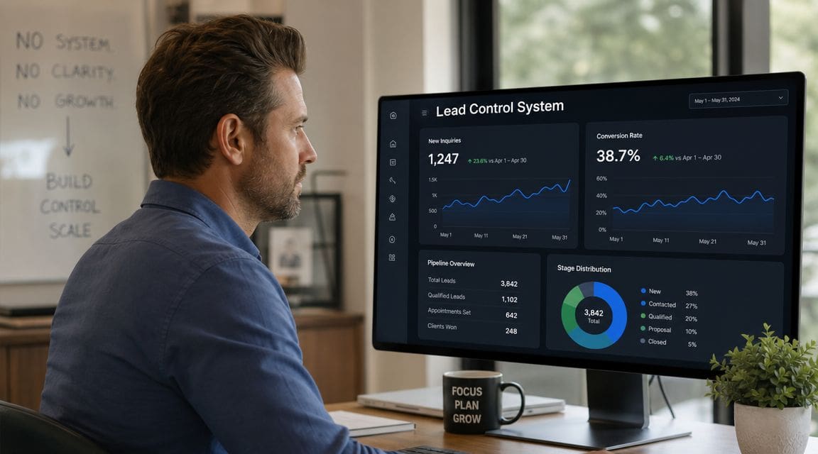A professional man sitting at his desk, analyzing data from a business lead control dashboard on a monitor.