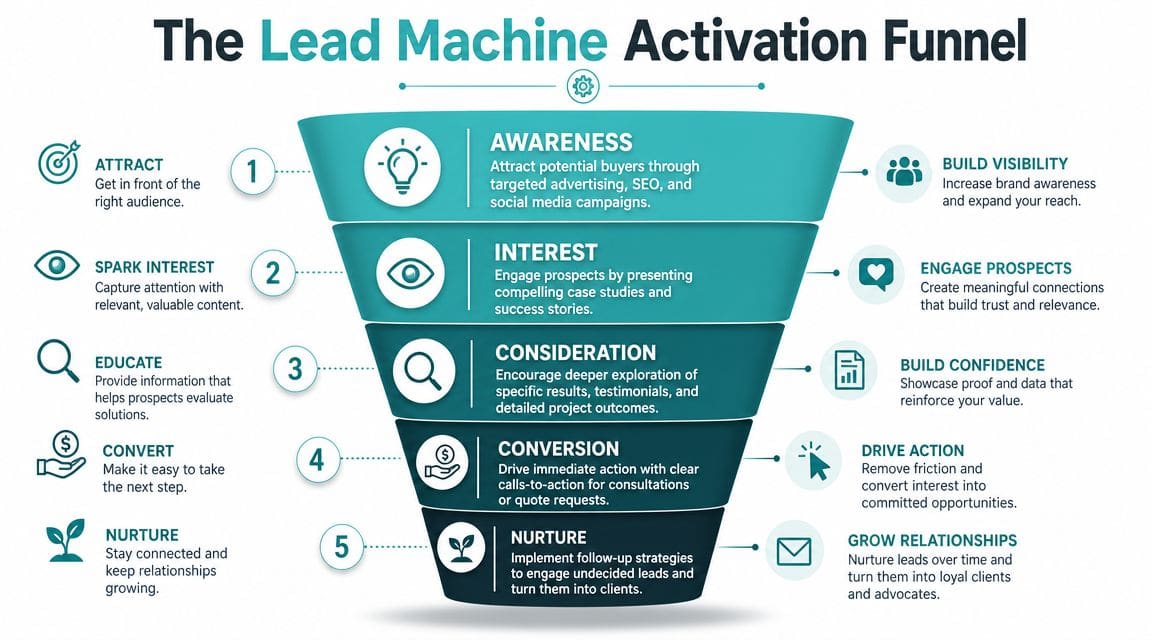 A marketing funnel infographic titled The Lead Machine Activation Funnel showing five stages of buyer journey.