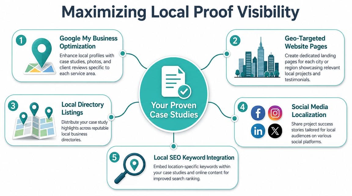 An infographic showing five key strategies for maximizing local proof visibility using business case studies.