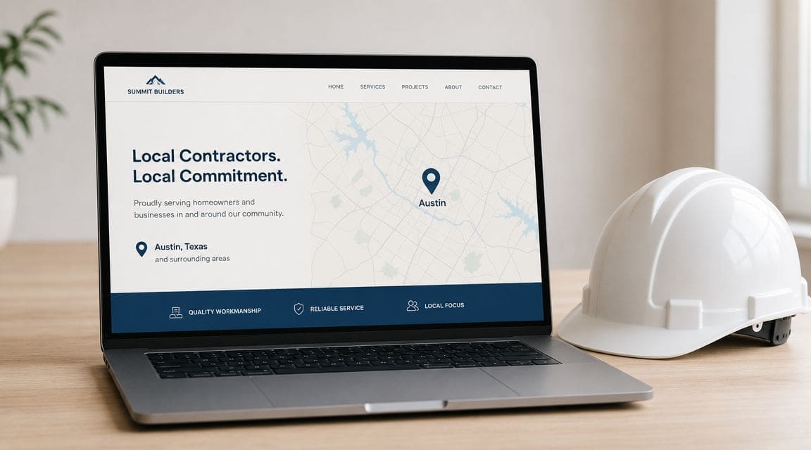 A modern laptop displaying a professional construction company website on a desk next to a white hardhat.