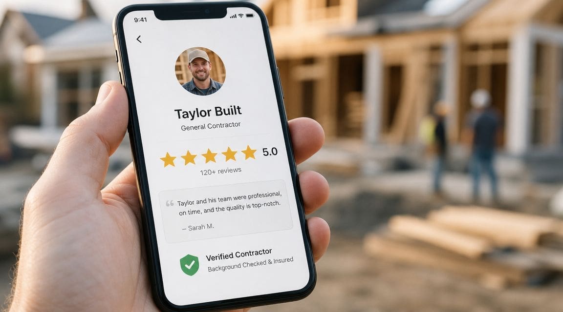 A hand holding a smartphone displaying a highly-rated general contractor profile with a verified status indicator.