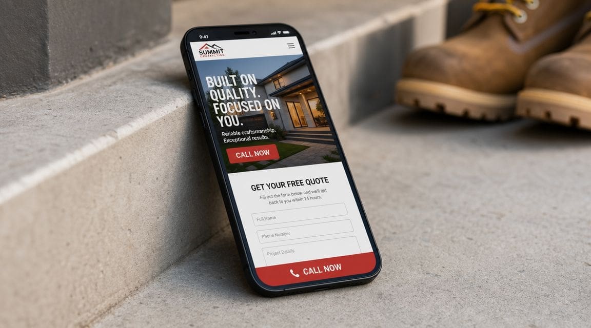 A smartphone resting on concrete steps displaying a construction company website with a lead generation contact form.