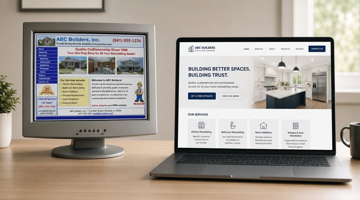 Comparison of an outdated, cluttered construction website design next to a modern, professional, and user-friendly web interface.
