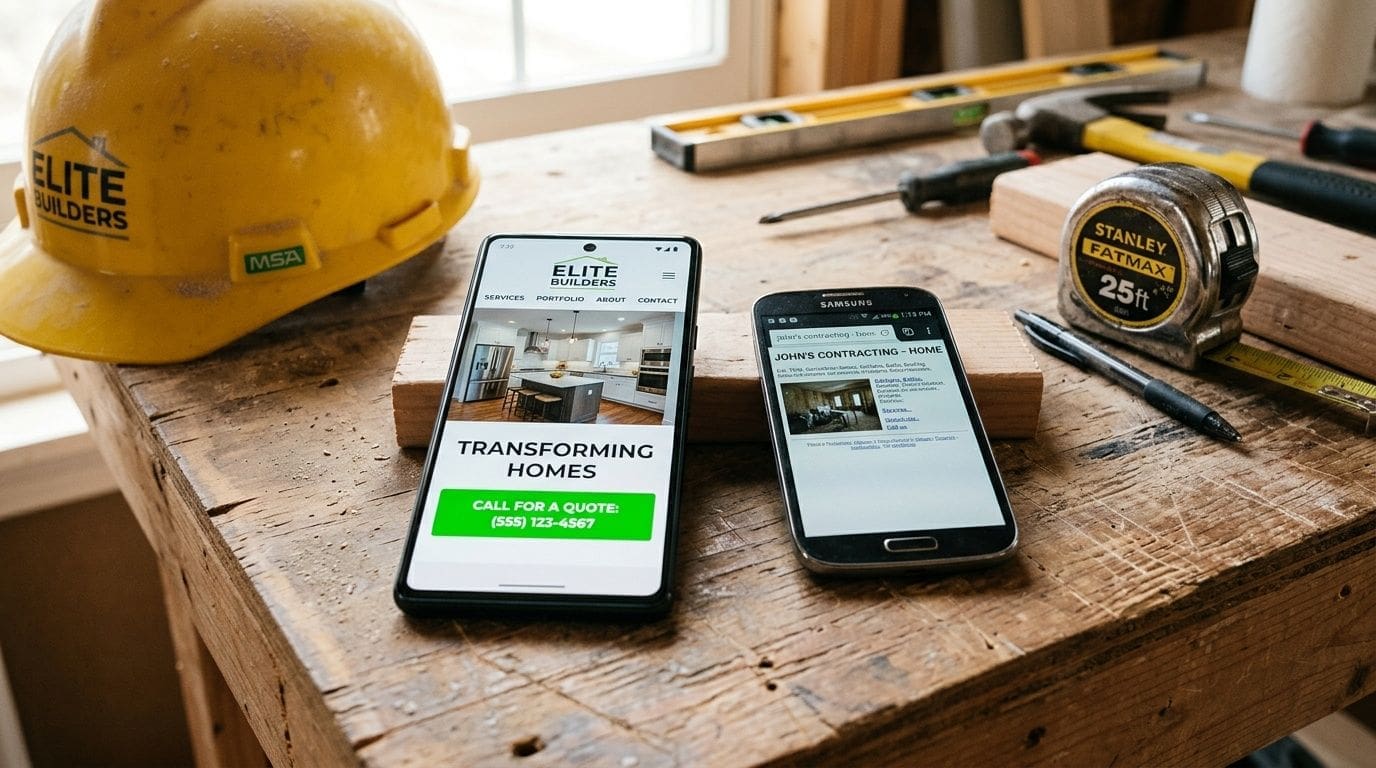 Two smartphones displaying construction company websites placed on a wooden workbench with tools and a hard hat.