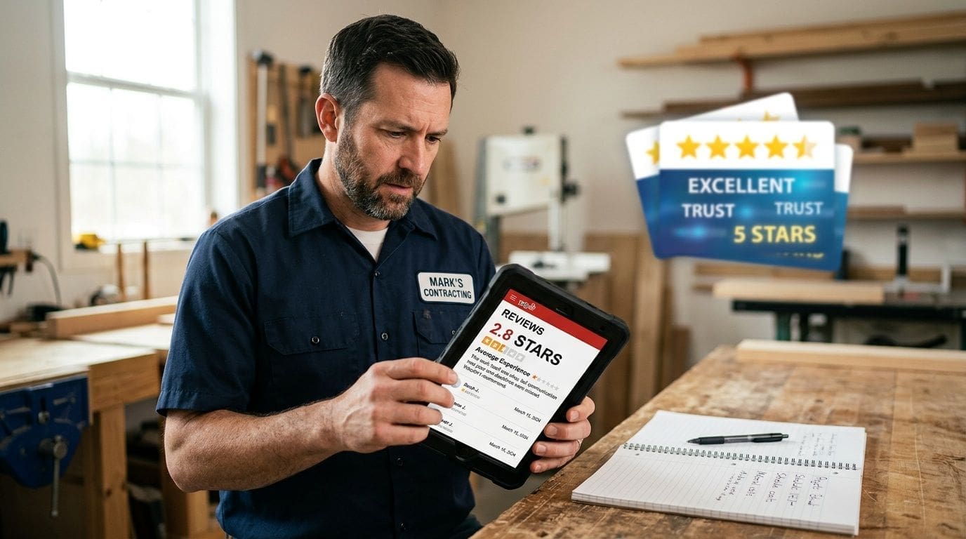 A professional contractor looking at a tablet displaying negative business reviews while sitting in his workshop.