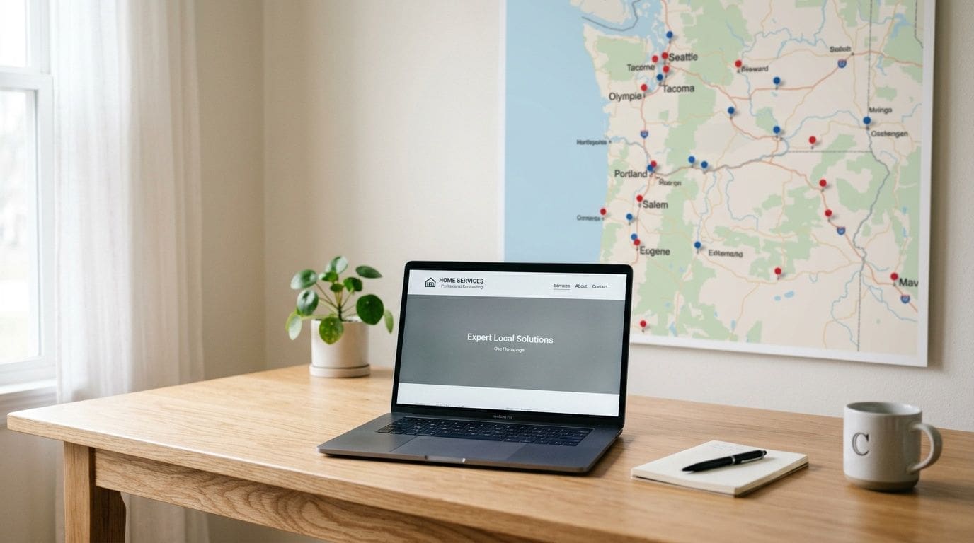 A modern workspace with a laptop on a wooden desk featuring a map of Washington and Oregon.