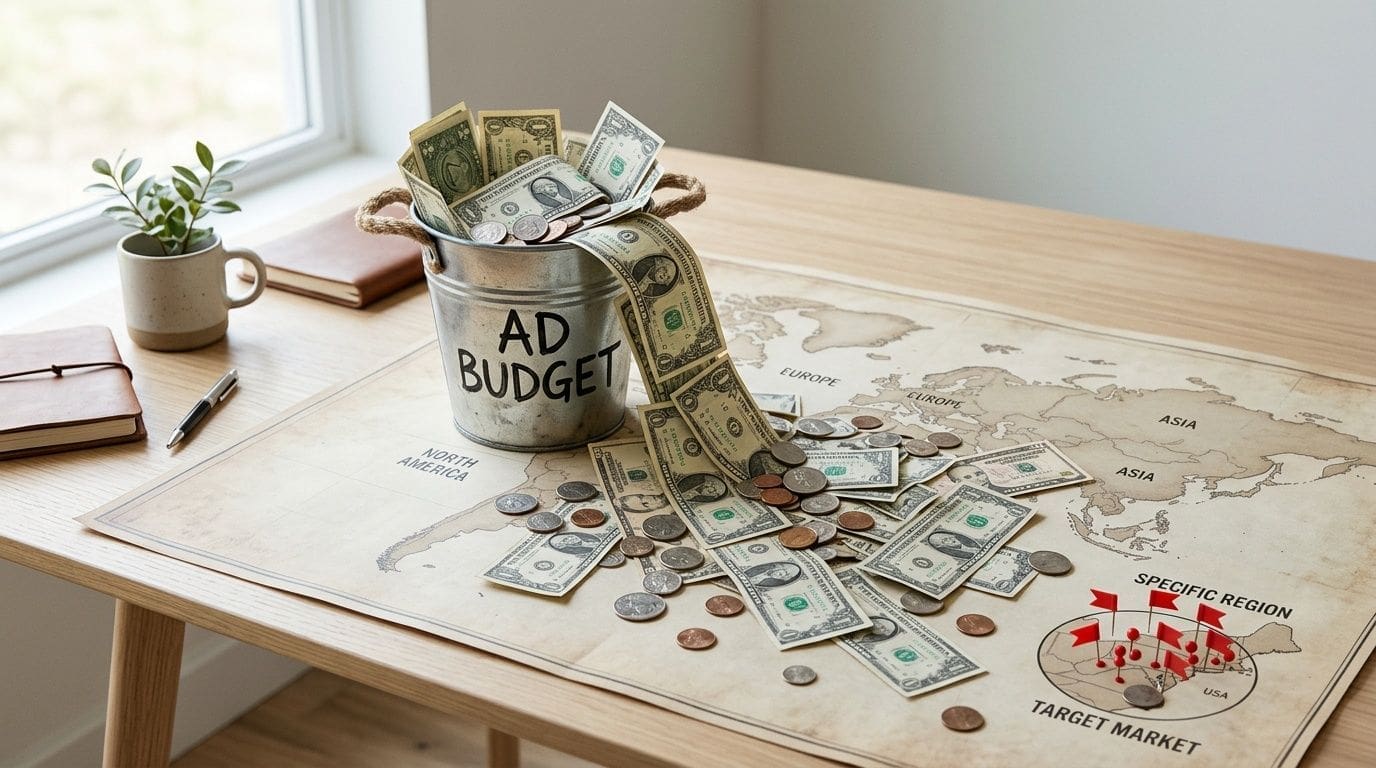 A bucket labeled AD BUDGET spilling money over a world map, representing marketing strategy and investment costs.