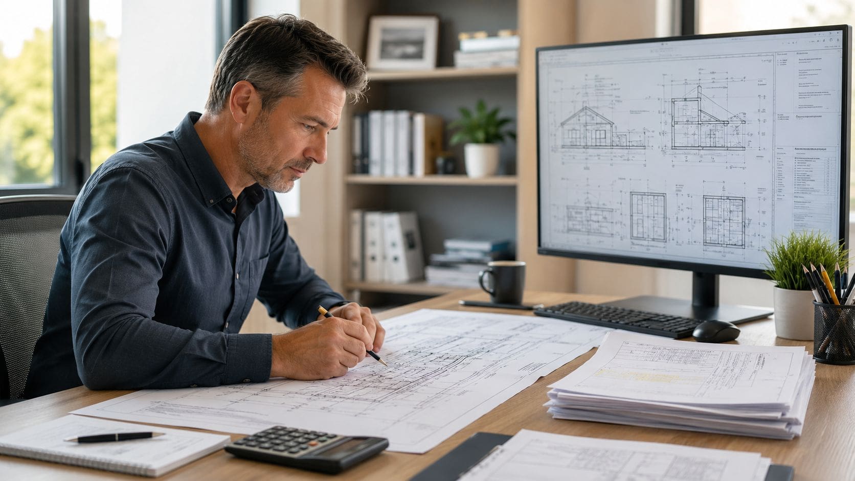 An architect or engineer analyzing construction blueprints at a desk with a computer displaying architectural plans.
