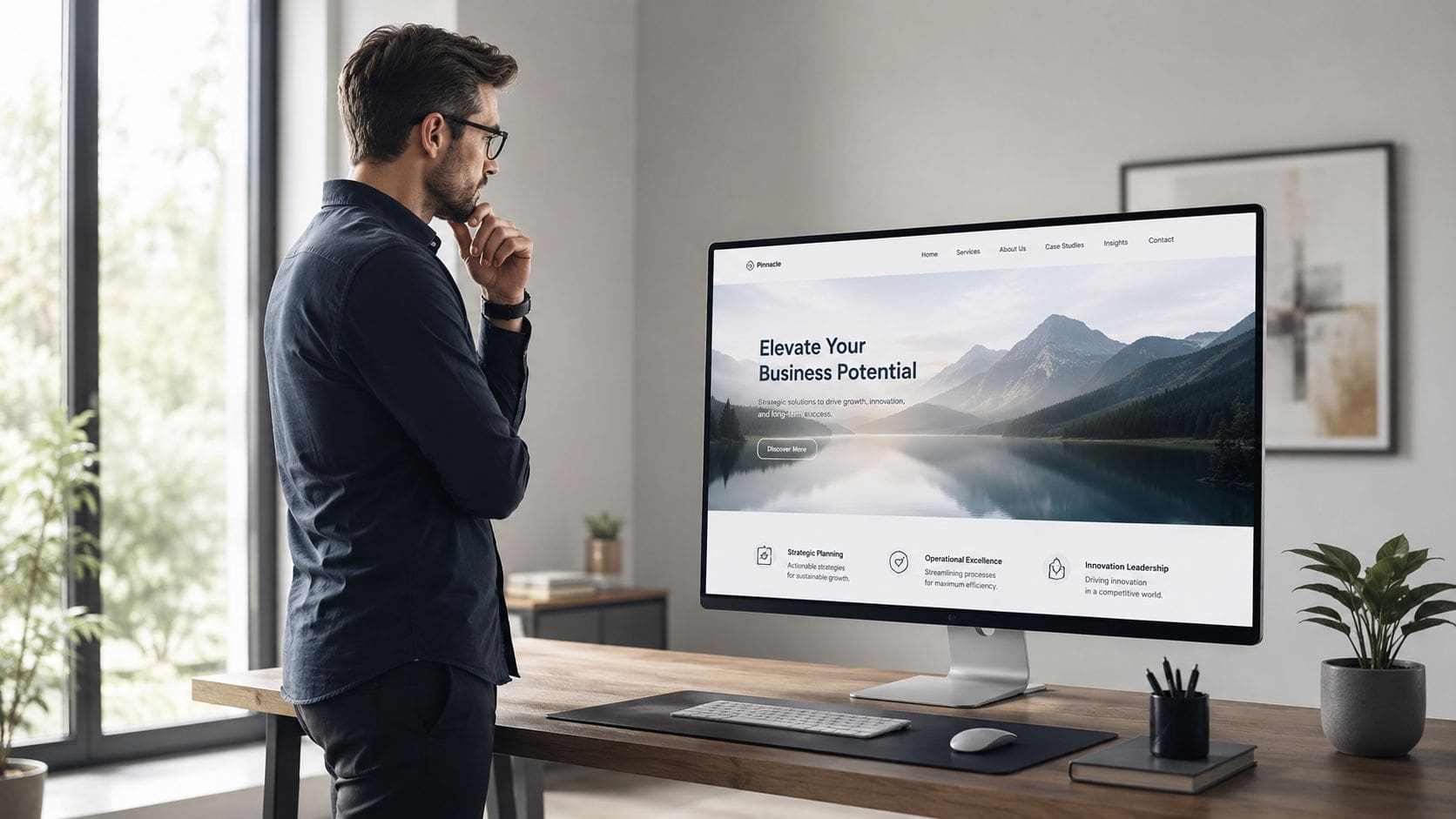 A professional man standing at his desk thoughtfully looking at a website on a computer screen.