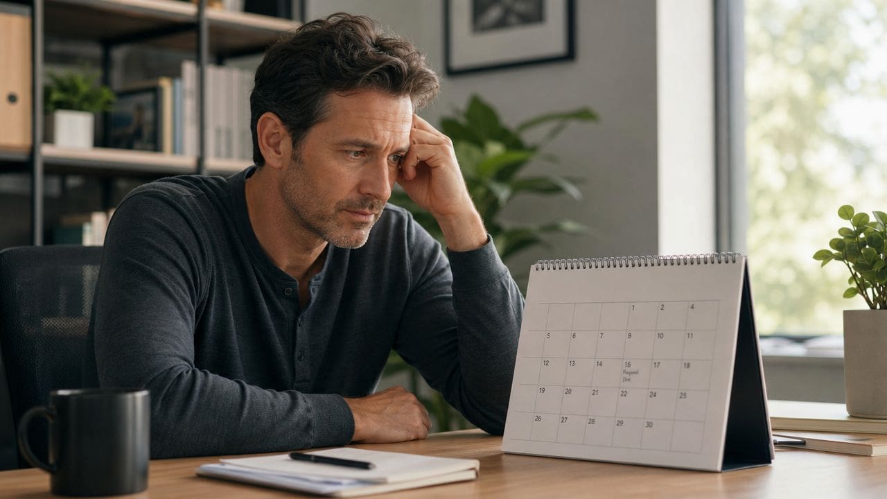 A concerned man sitting at his desk looking at a calendar with a deadline date marked.
