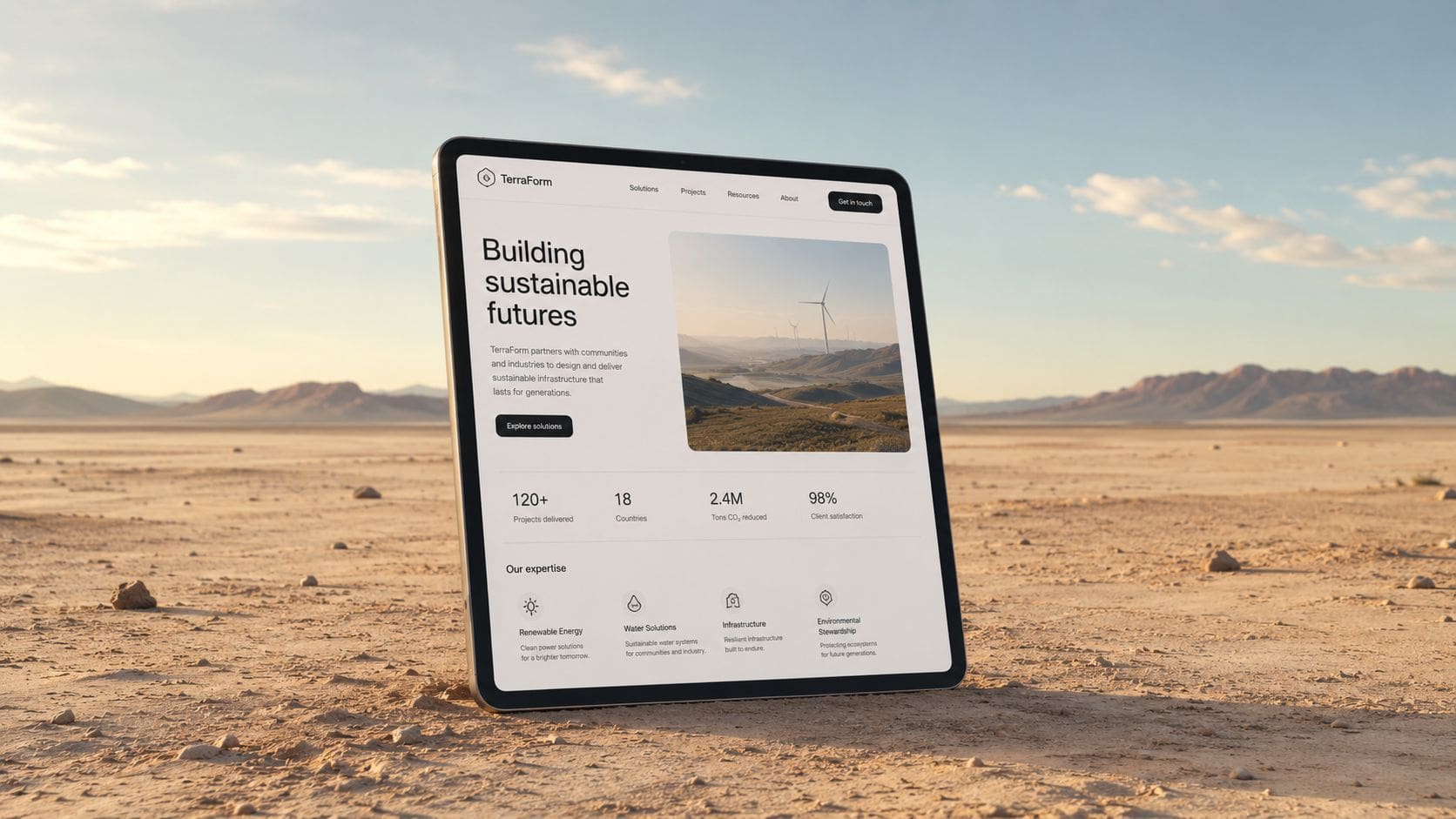 A digital tablet displaying a sustainability company website placed in a dry desert landscape.