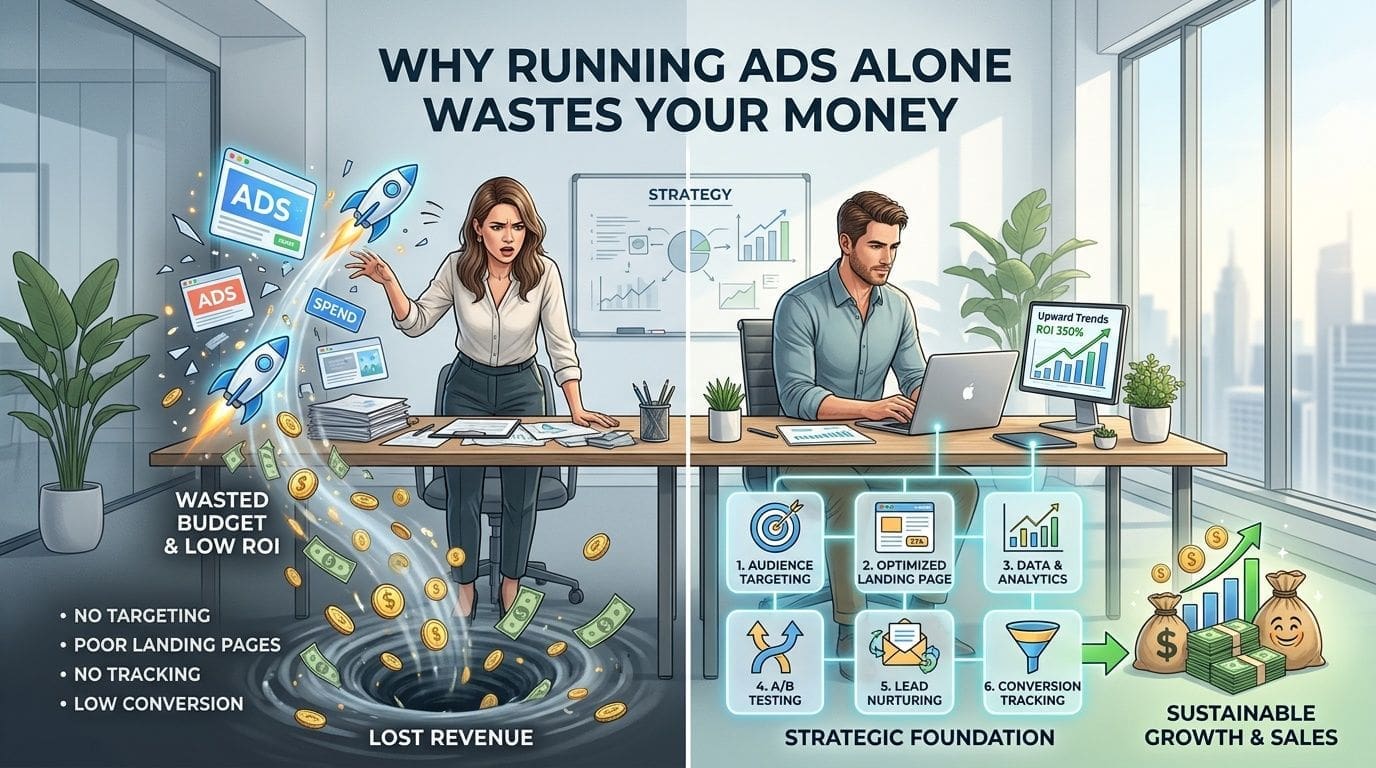 A split comparison showing the difference between wasting ad budget and using strategic marketing for growth.