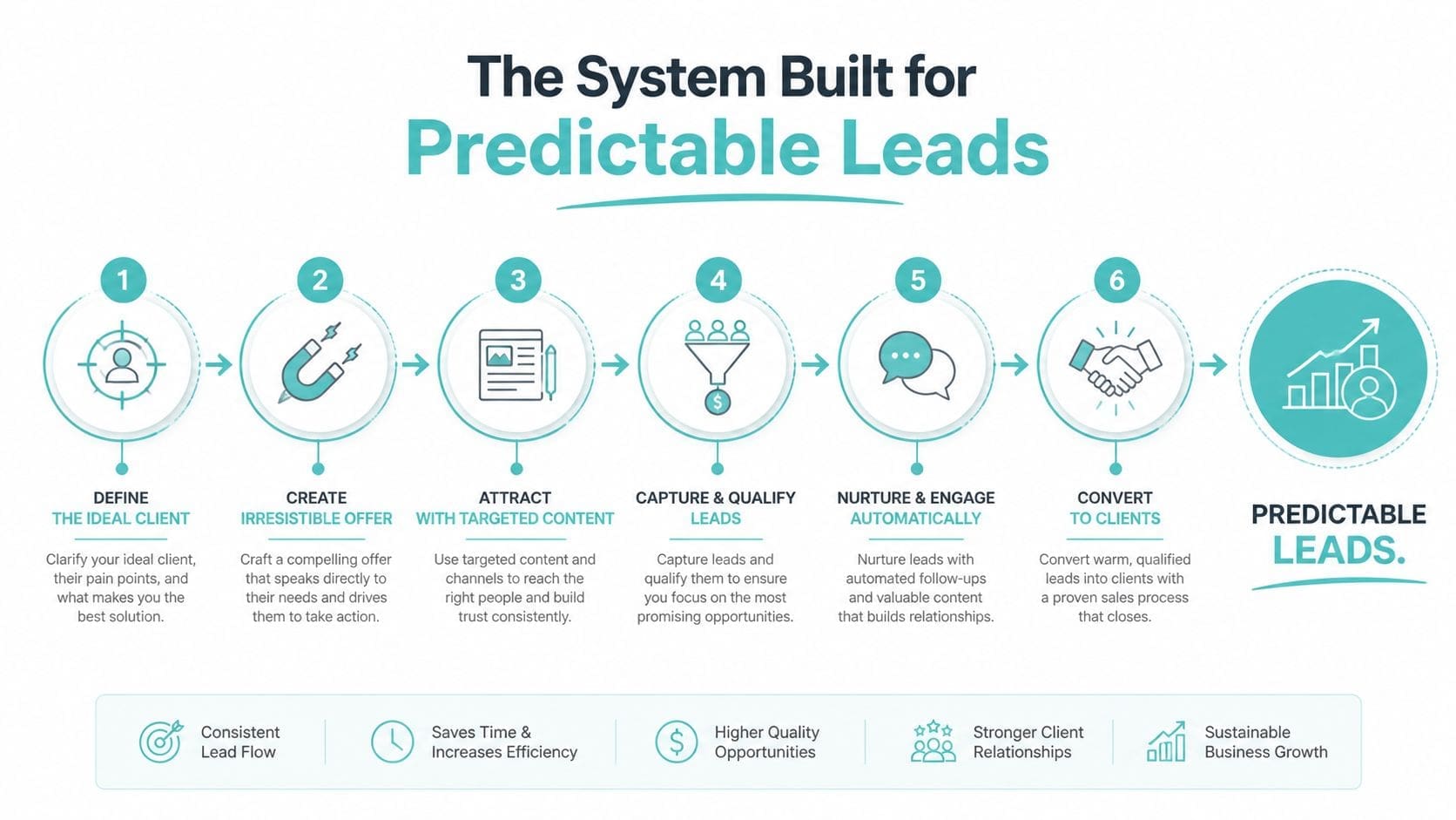 A diagram illustrating a six-step process for generating predictable leads for business growth through strategic sales funnels.