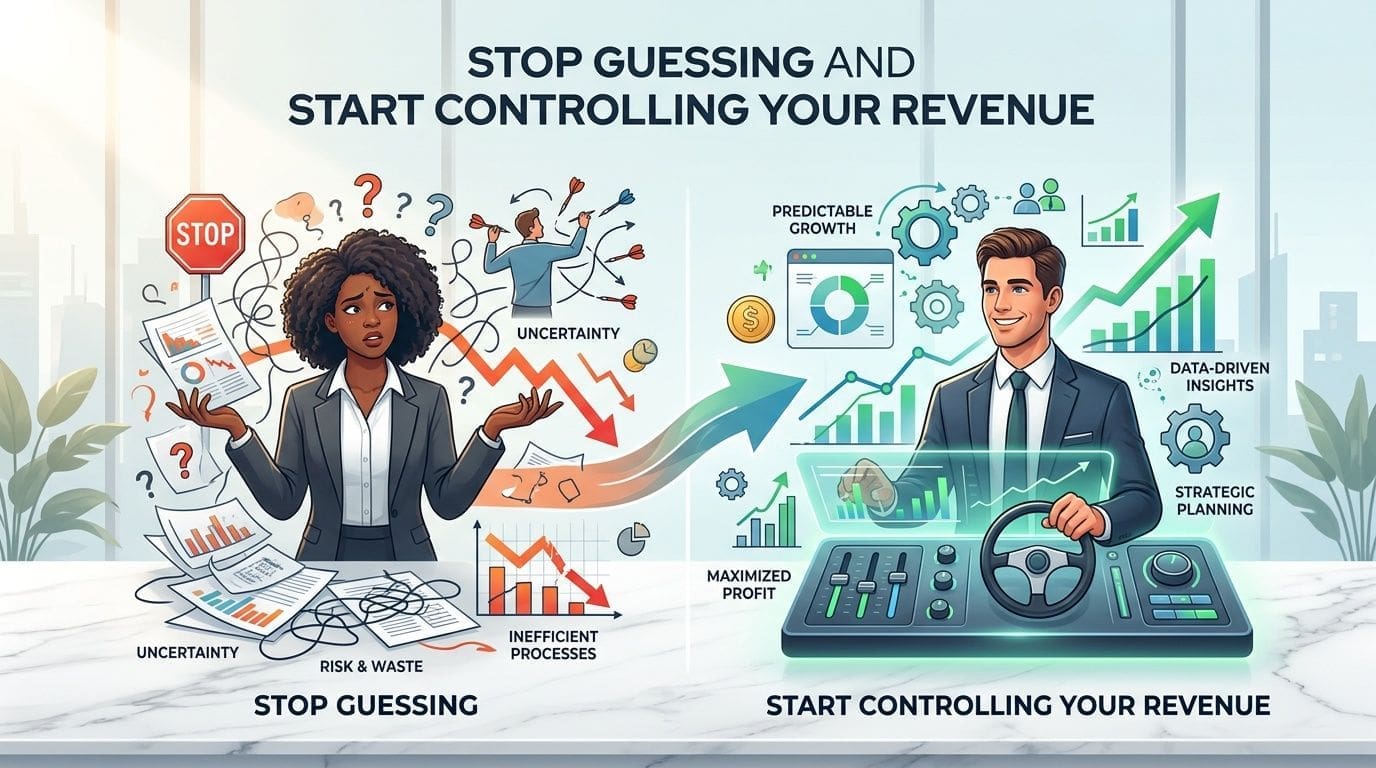 A split image contrasting the chaotic struggle of guessing revenue with the controlled success of data-driven business planning.