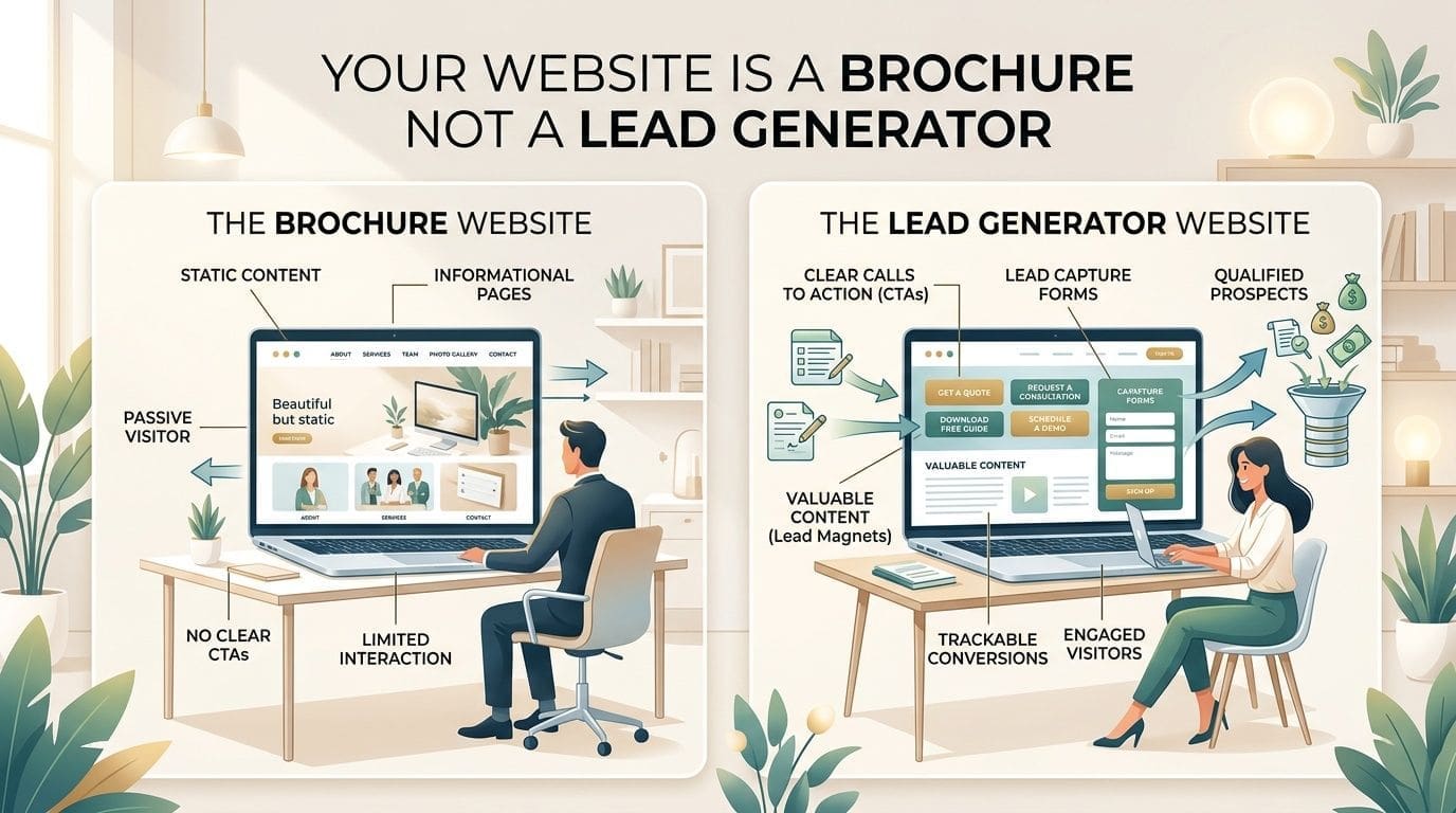 A comparative infographic showing the differences between a static brochure website and a lead-generating marketing website.