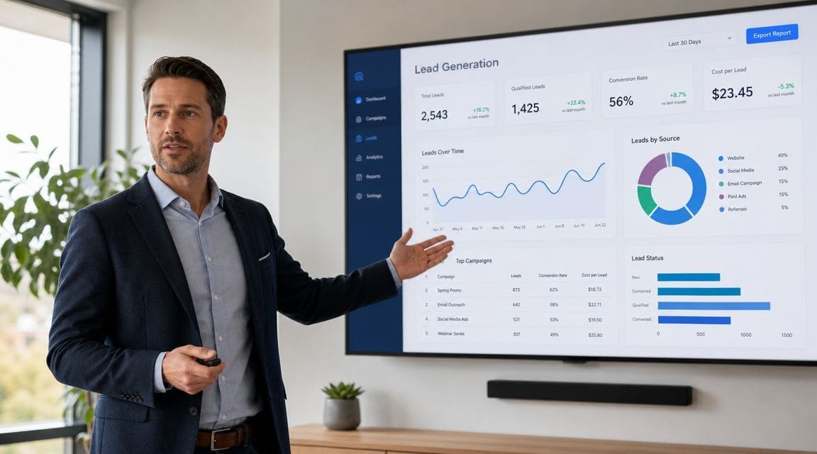 A professional man presenting lead generation analytics data on a large digital screen in an office setting.