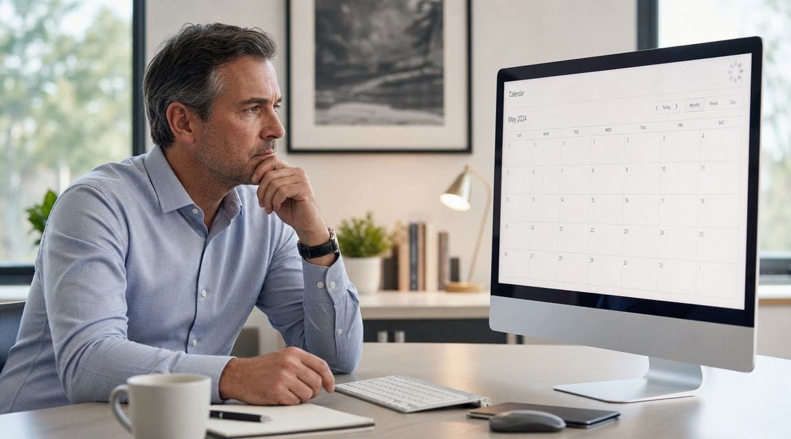 A professional man sitting at his desk, contemplating his schedule displayed on a large computer monitor.