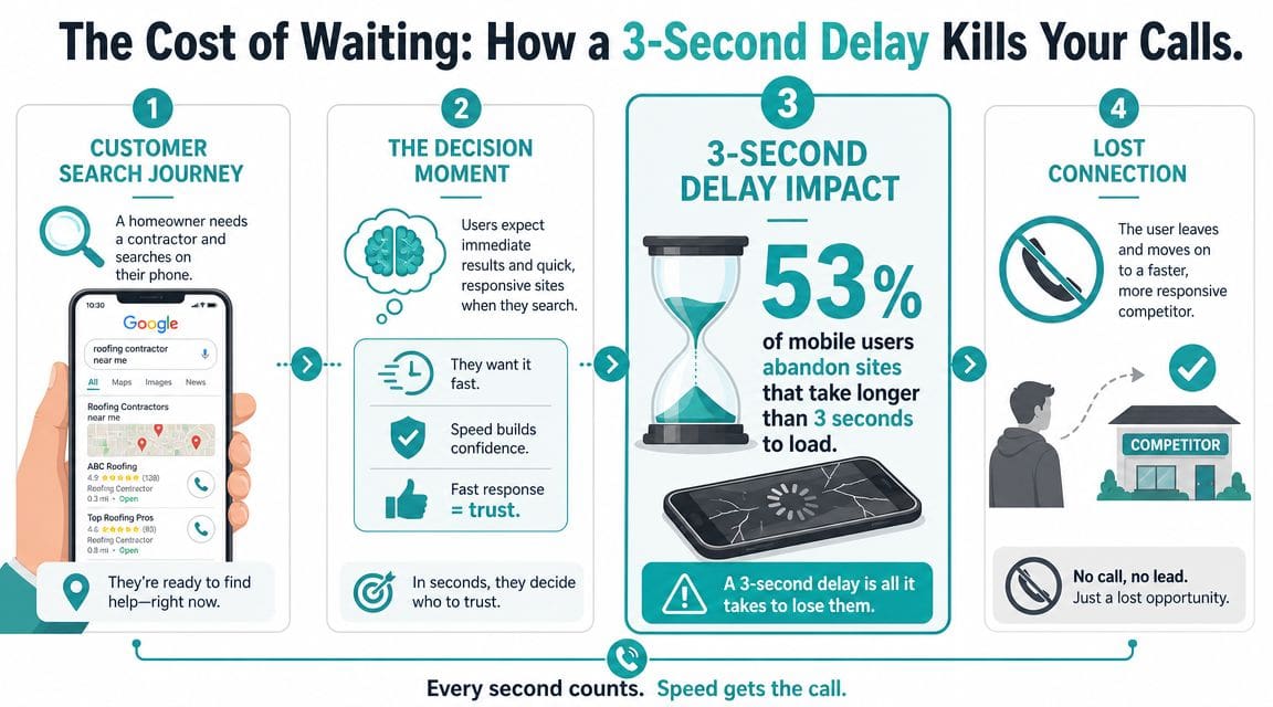 An infographic showing that a 3-second delay on mobile websites causes leads and calls to be lost.