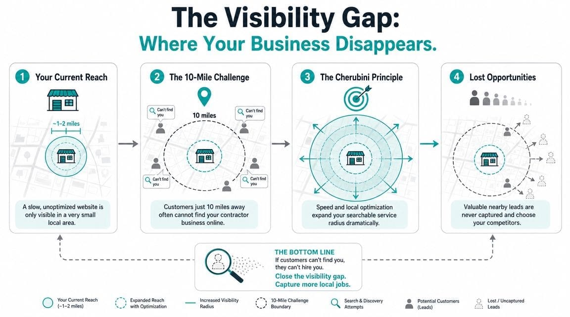 A diagram illustrating how local SEO and website speed help contractors expand their business visibility and capture more leads.