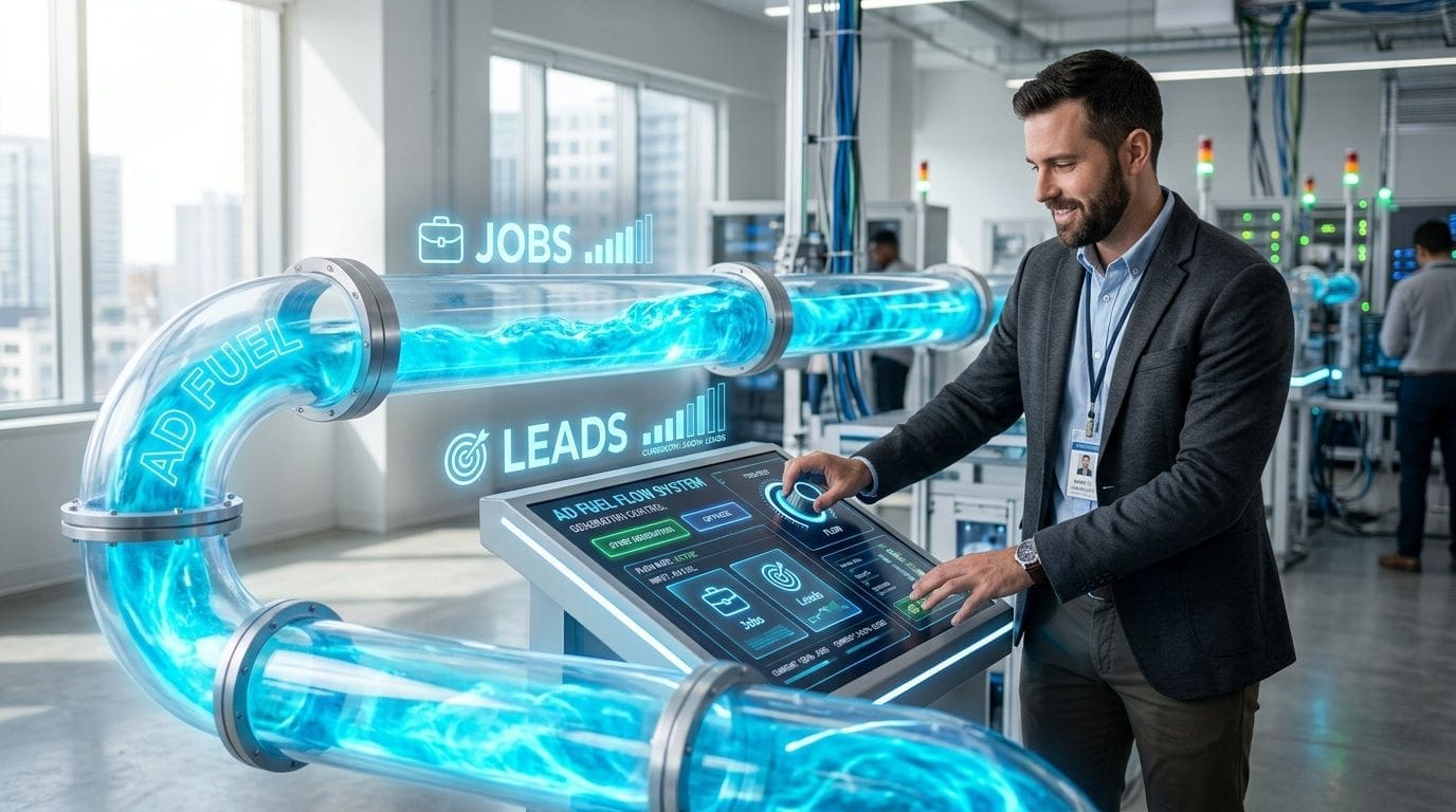 A professional man adjusting a digital system controlling a glowing blue energy flow labeled as business fuel.