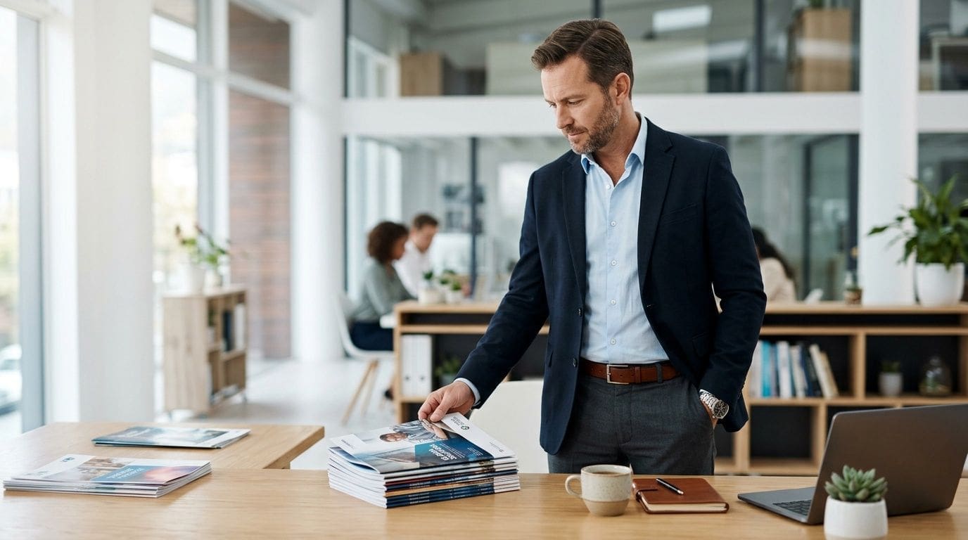 A professional businessman in a blazer sorting through a stack of brochures at an office desk.