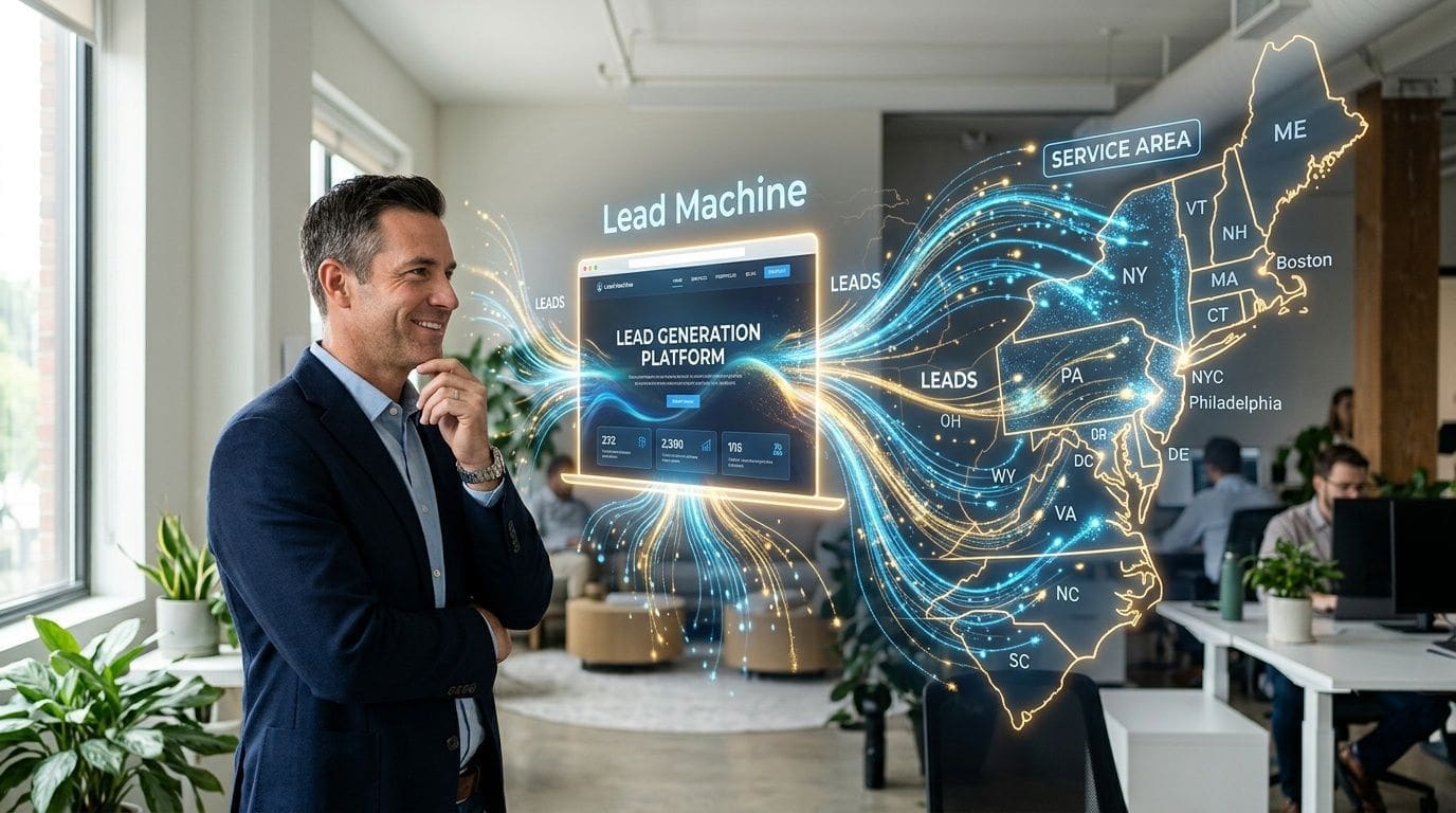 A professional man looking at a digital hologram of a lead generation platform map for business.
