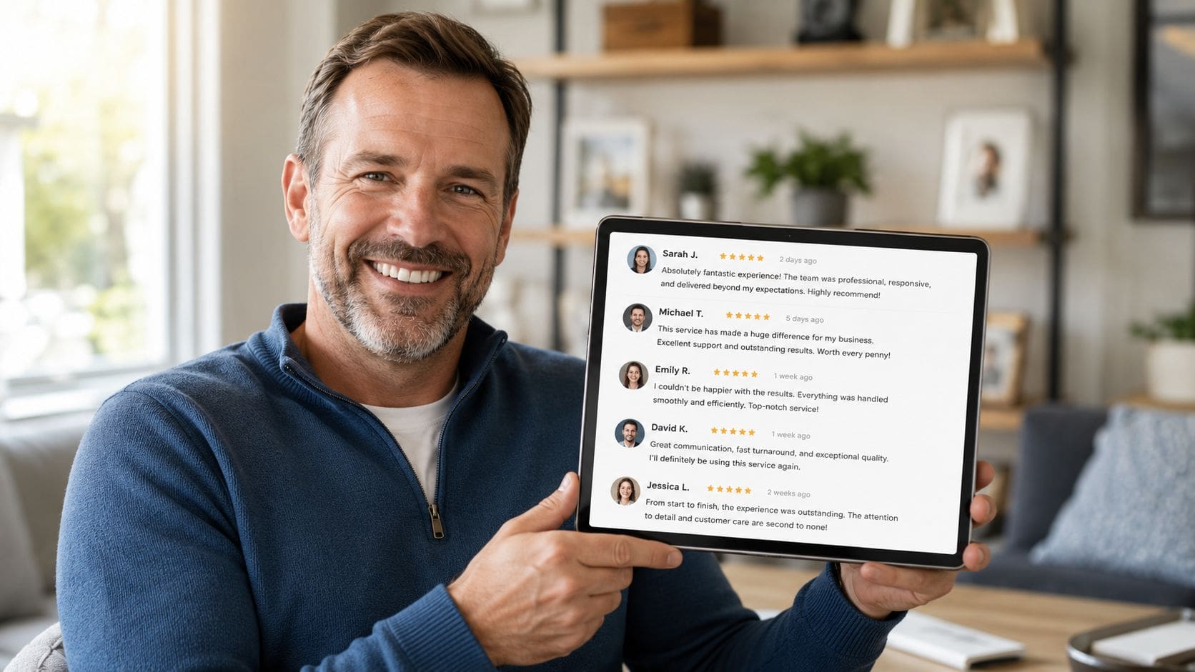 A smiling man holding a digital tablet displaying a list of positive customer reviews and testimonials.