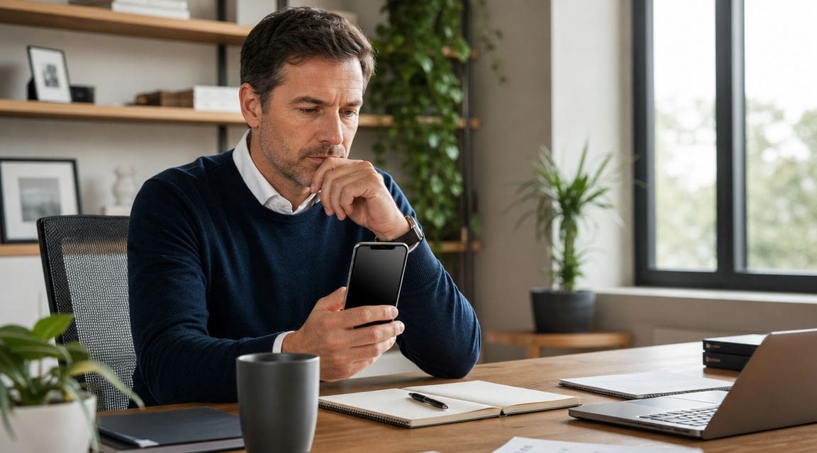 A professional man sitting at his desk, thoughtfully looking at his smartphone in a modern office.