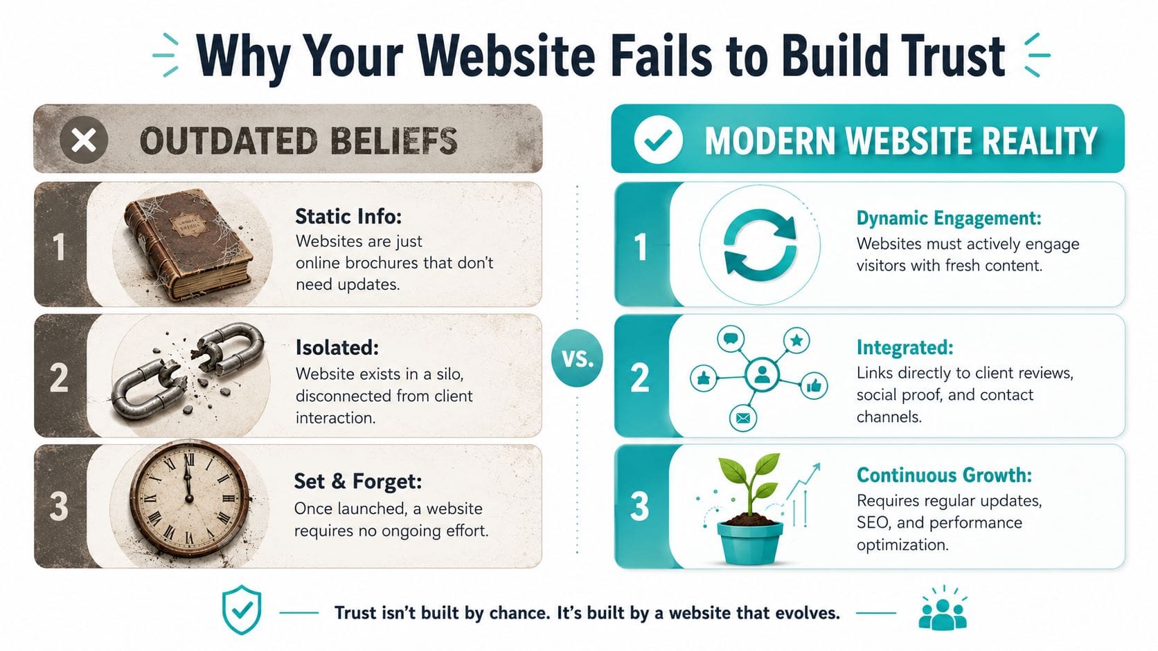 A comparison chart showing outdated website beliefs versus modern website reality to build digital trust.