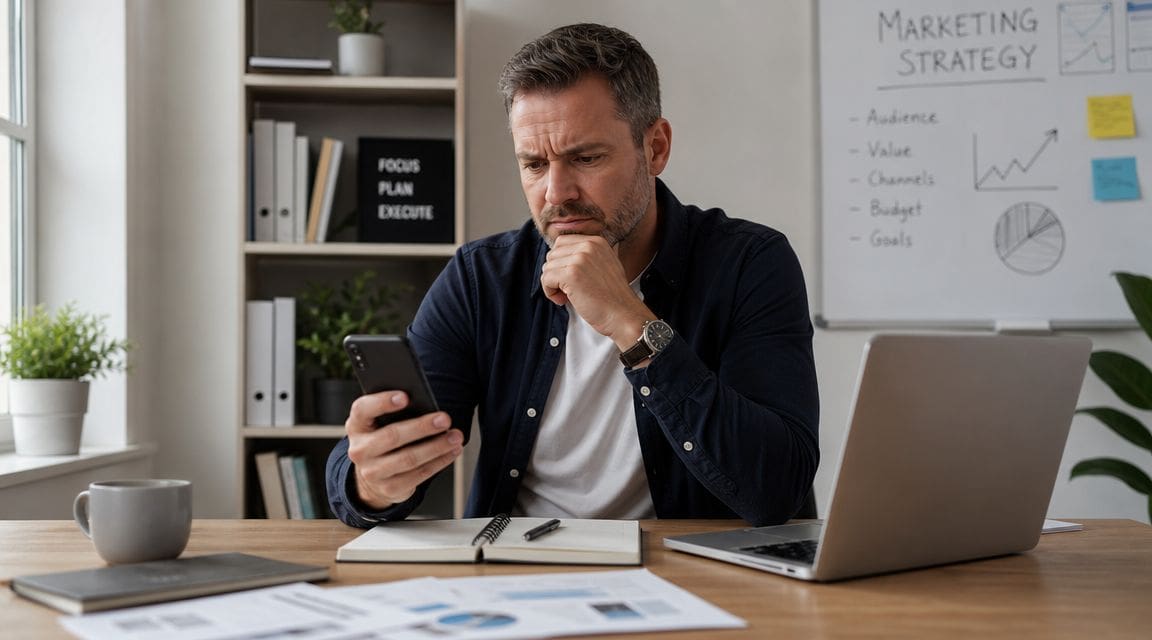 A focused man sitting at his office desk using his smartphone to manage digital marketing strategies.