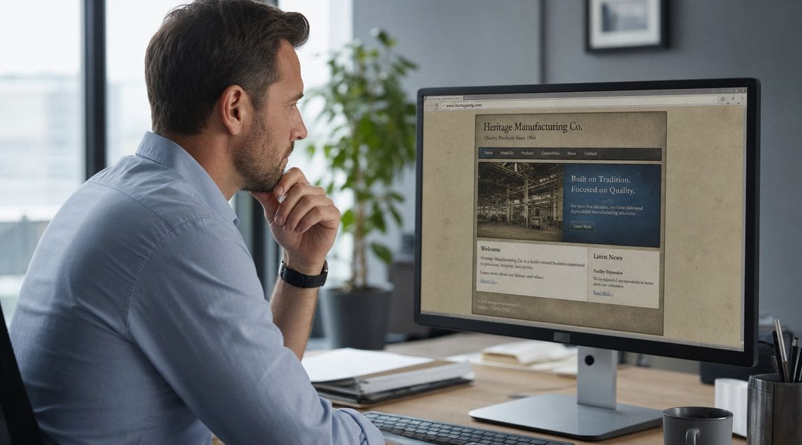 A professional man sitting at a desk looking at a manufacturing company website on his computer screen.