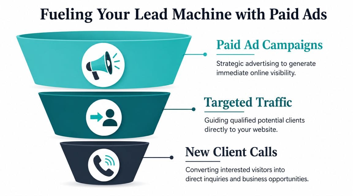 A funnel diagram illustrating the process of fueling a lead machine through paid advertisements and targeted traffic.