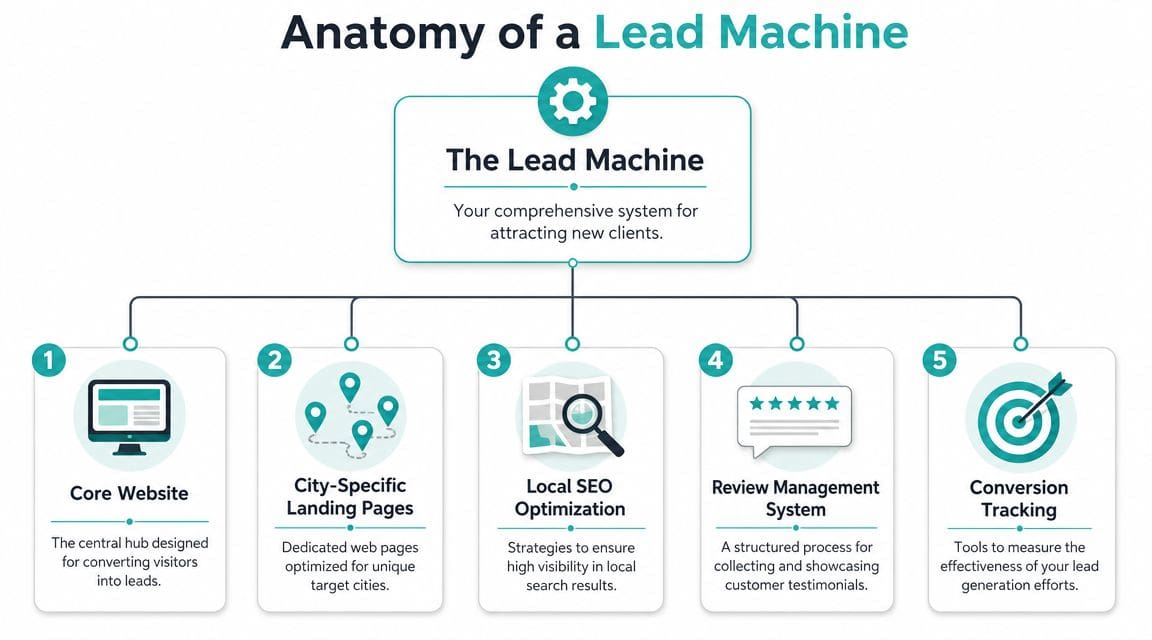 A diagram illustrating the five components of a lead machine system for attracting new local clients.
