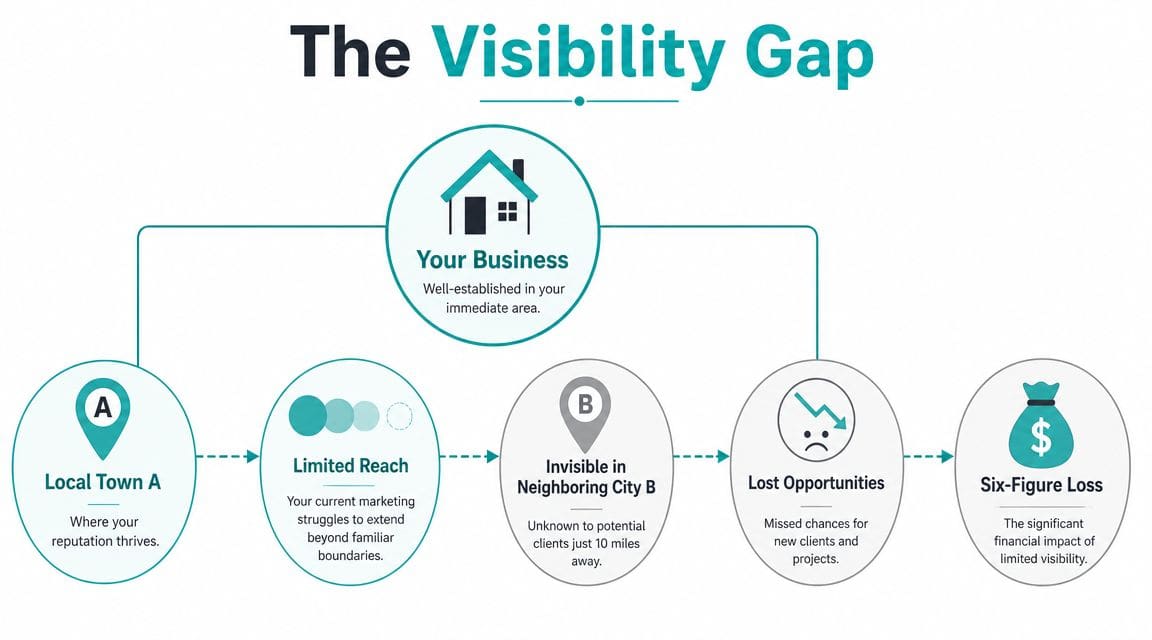 A diagram illustrating the visibility gap businesses face when expanding marketing efforts beyond their immediate local area.