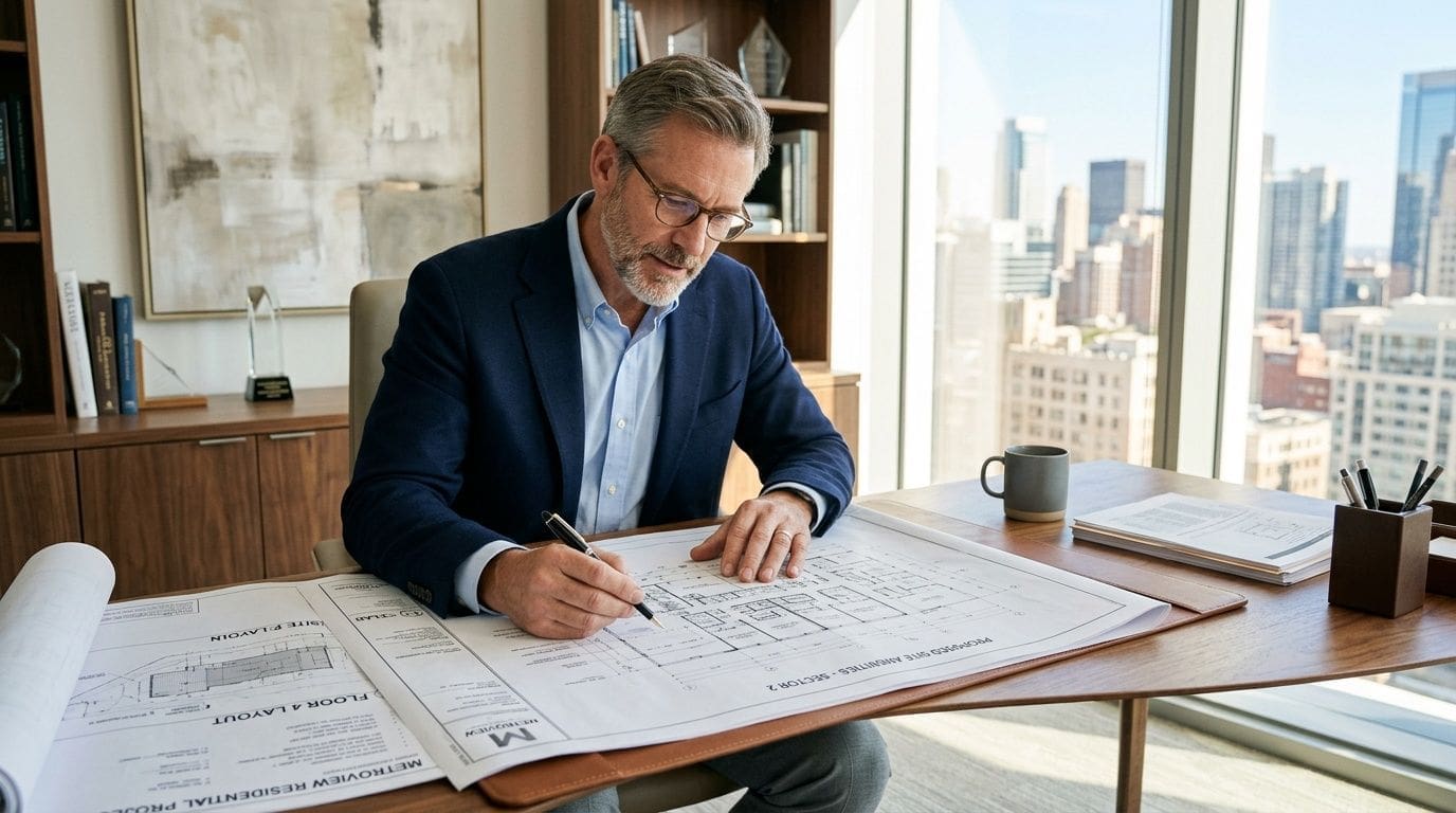 A professional architect in a suit reviewing residential building floor plans at a modern office desk.