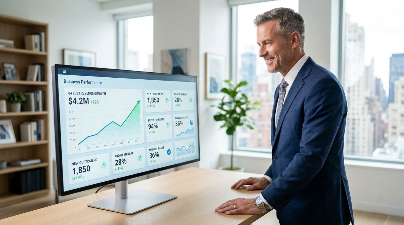 A professional man in a suit looking at business performance data on a large computer monitor.