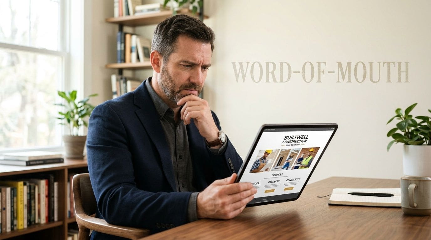 A professional man sitting at a desk looking thoughtfully at a tablet displaying a construction company website.