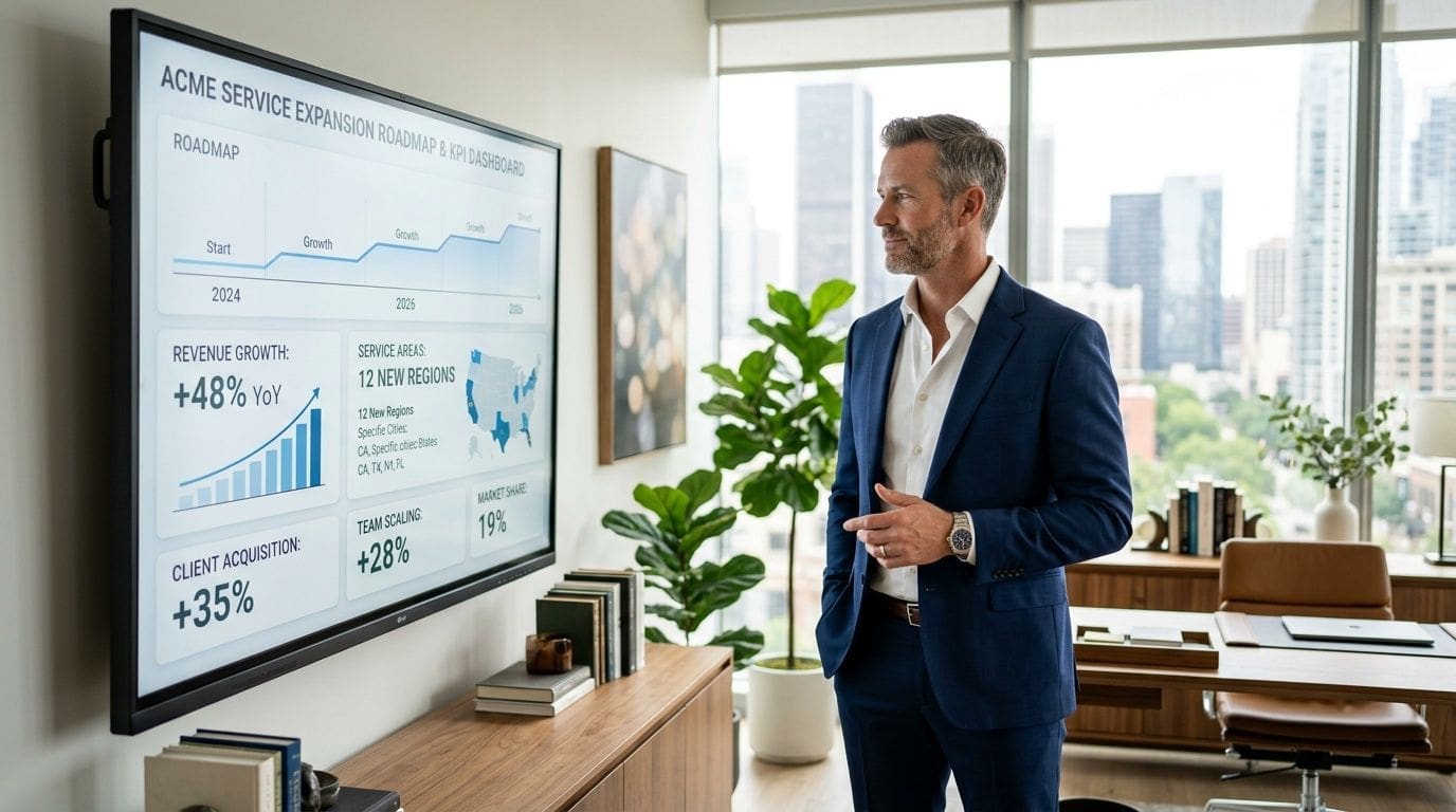 A professional man in a business suit analyzing service expansion data on a wall-mounted digital screen.