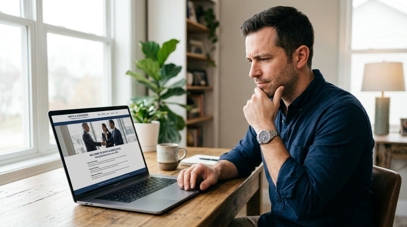 A professional man thoughtfully reviewing a business website on his laptop while working at a wooden desk.