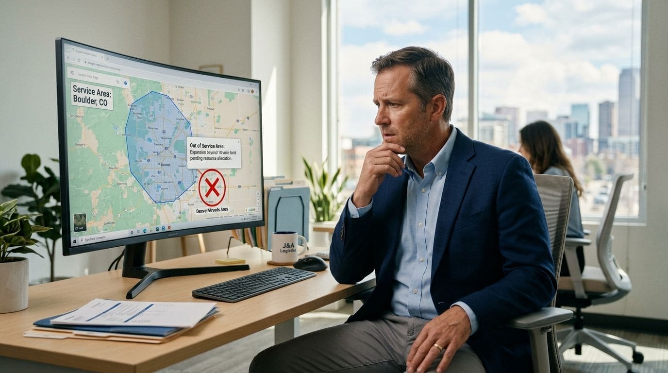 A professional man looking thoughtfully at a computer screen displaying a map showing logistical service area expansion.