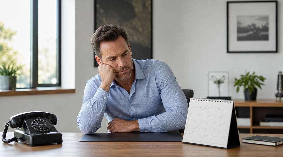 A professional man sits at his desk, looking thoughtful while staring at an empty desktop calendar.