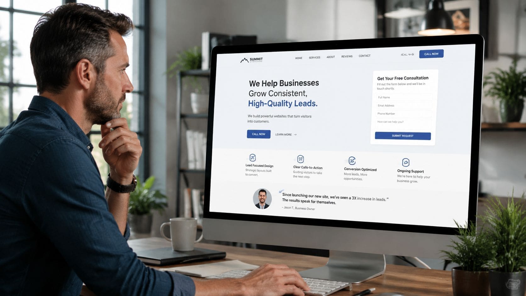 A professional man looking thoughtfully at a computer monitor displaying a website about business lead generation.