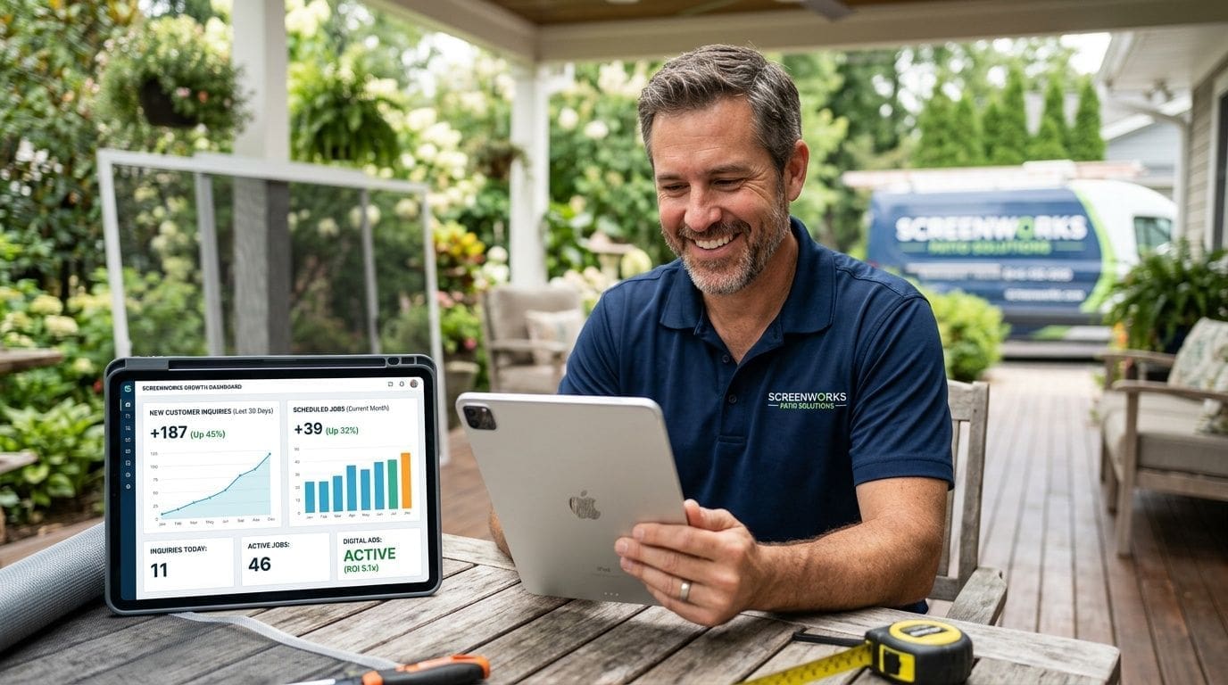 A smiling business owner checking a digital growth dashboard on his tablet while working outside.