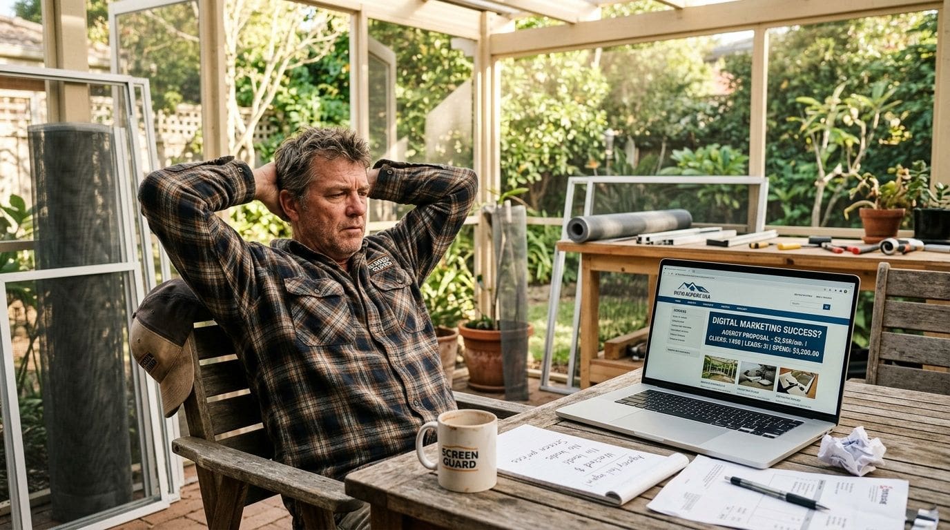 A man wearing a flannel shirt sits in a screened-in porch, working on a laptop about marketing.